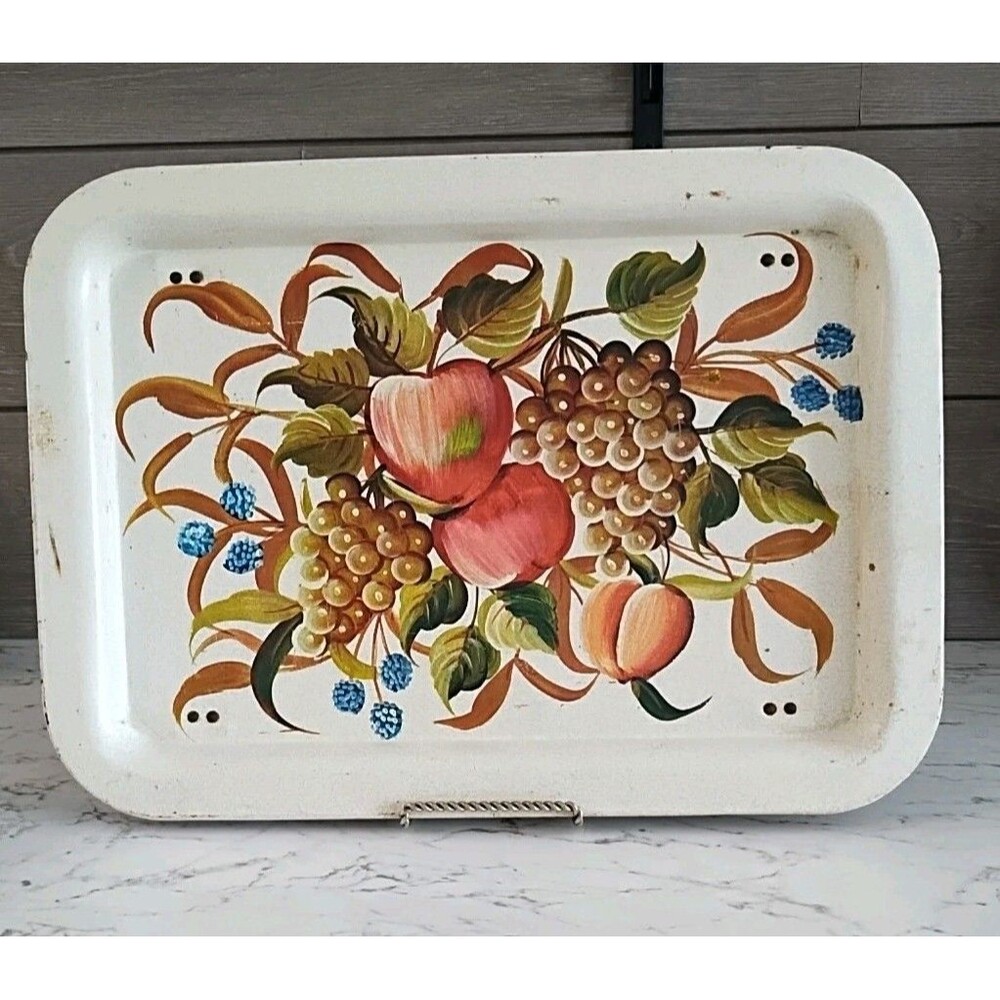 1960's Metal Bed Tray Tv/Lap Tray Fruit Design Folding Legs Vintage Cottage Core